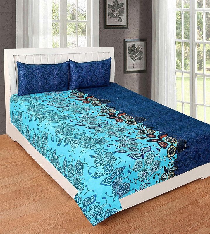 Fashion Zone 160 TC Polycotton Double 3D Printed Flat Bedsheet  (Pack of 1, Blue)