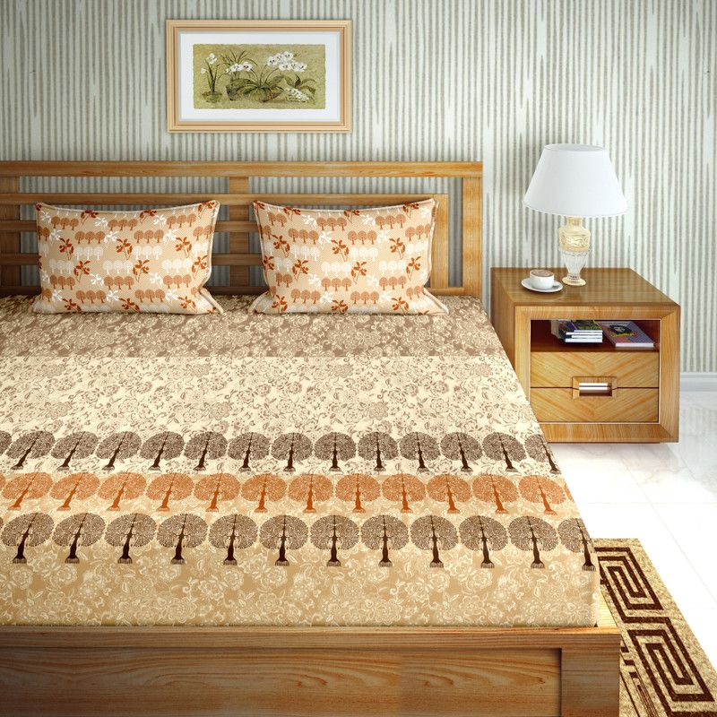 BELLA CASA 150 TC Cotton King Floral Flat Bedsheet  (Pack of 1, Brown)