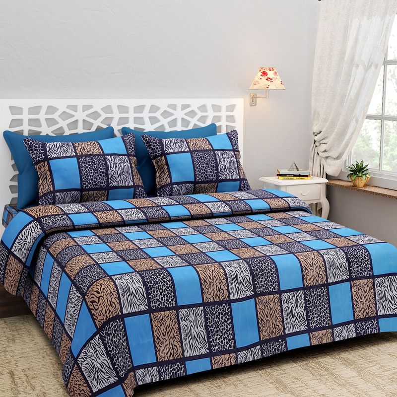 NC CREATIONS 1000 TC Polycotton Double Printed Flat Bedsheet  (Pack of 1, Blue)