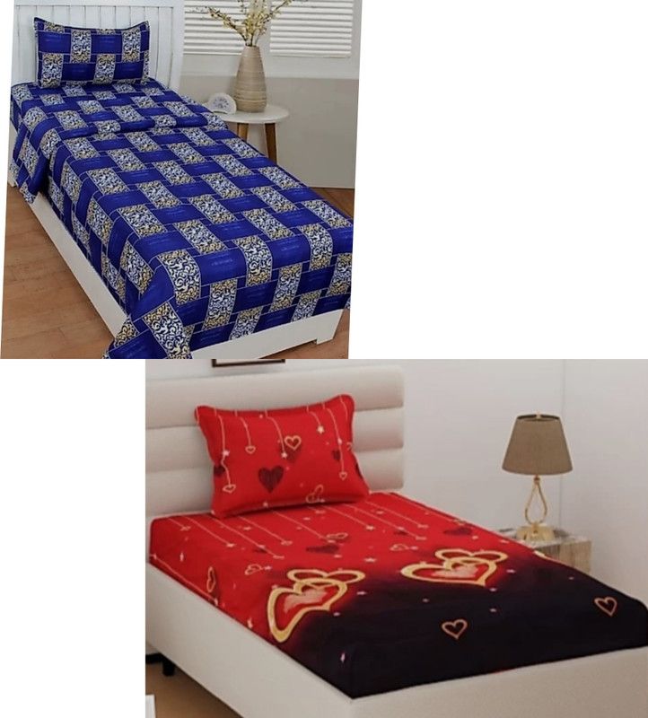 Prosseya 220 TC Polycotton Single 3D Printed Flat Bedsheet  (Pack of 2, Blue)