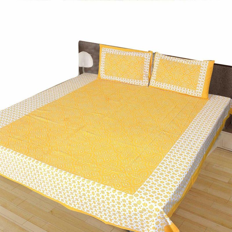 Shivay Enterprises 140 TC Cotton Double Jaipuri Prints Flat Bedsheet  (Pack of 1, Yellow)
