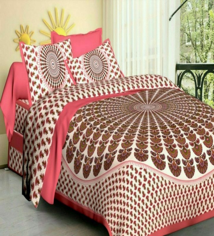 VIKANJALI FAB 104 TC Cotton Double Printed Flat Bedsheet  (Pack of 1, Pink, White)