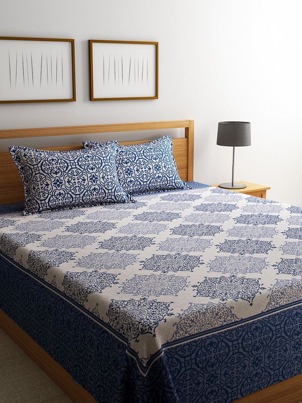 ROMEE Cotton Queen Bed Cover  (Blue)