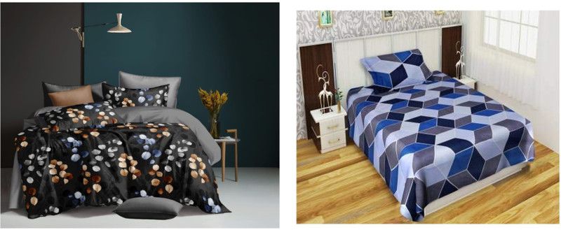 SSH 250 TC Cotton, Polycotton Double, Single Geometric Flat Bedsheet  (Pack of 2, Blue, Multicolor)