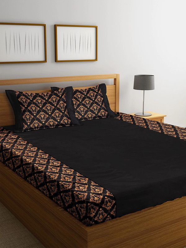 DECOREALM 300 TC Satin King Motifs Flat Bedsheet  (Pack of 1, Black, Yellow)