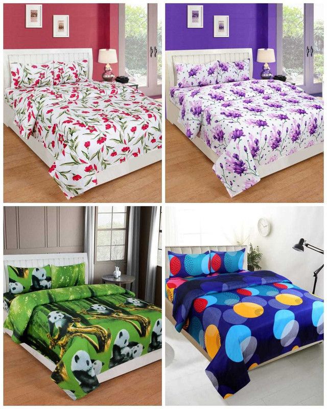 Best&Well 150 TC Polycotton Double 3D Printed Flat Bedsheet  (Pack of 4, Multicolor)