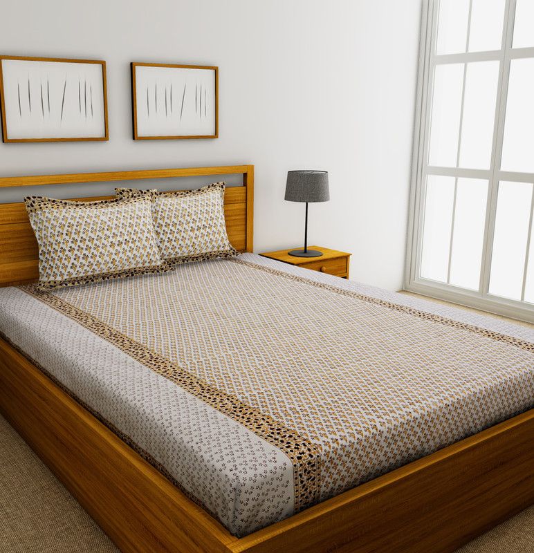 Grah Sajja 200 TC Cotton King Floral Flat Bedsheet  (Pack of 1, Beige)