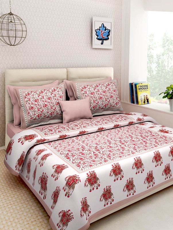 Bharvi India 144 TC Cotton King Jaipuri Prints Flat Bedsheet  (Pack of 1, Red)