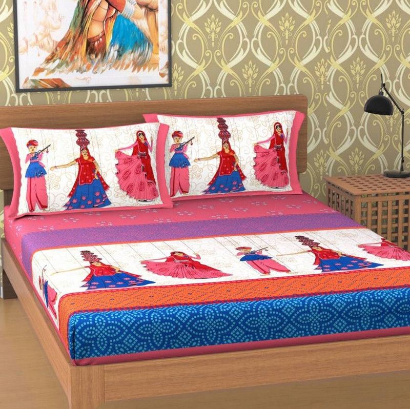 Ubania Collection 140 TC Cotton Double Printed Flat Bedsheet  (Pack of 1, Pink)