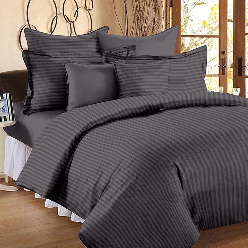 AMIGOS 210 TC Cotton King Striped Flat Bedsheet  (Pack of 1, Ash-Grey)