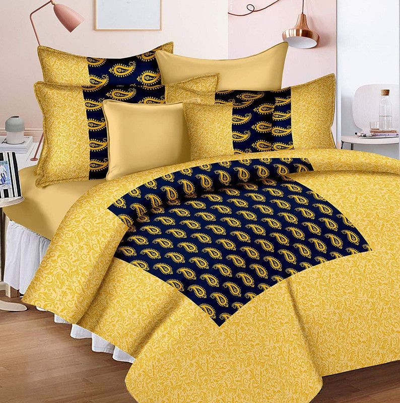 Grah Sajja 200 TC Cotton King Paisley Flat Bedsheet  (Pack of 1, Yellow, Blue)