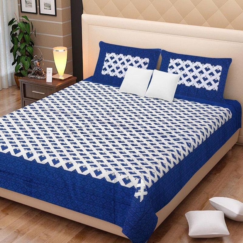 MIVAAN CREATION 144 TC Cotton Double Printed Flat Bedsheet  (Pack of 1, Blue)