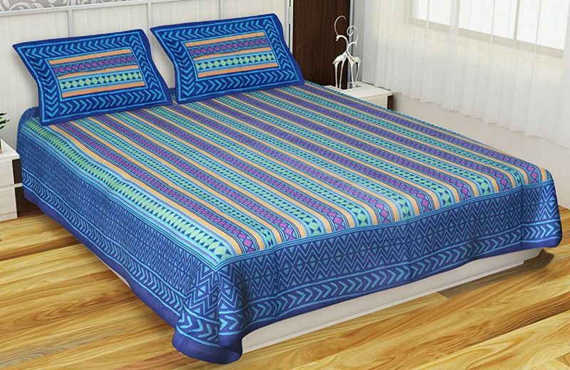 Monika collection 130 TC Cotton Double Printed Flat Bedsheet  (Pack of 1, Blue)