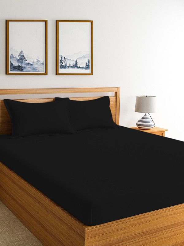 Huesland 200 TC Cotton Double Solid Fitted (Elastic) Bedsheet  (Pack of 1, Black)