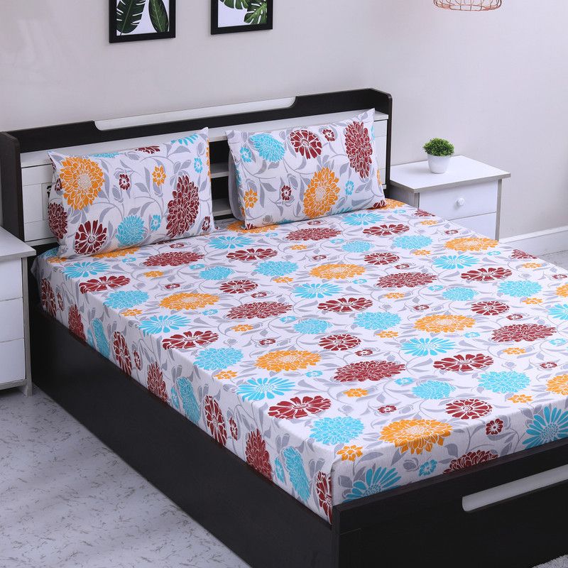 Flipkart SmartBuy 104 TC Cotton Double Floral Flat Bedsheet  (Pack of 1, Orange)
