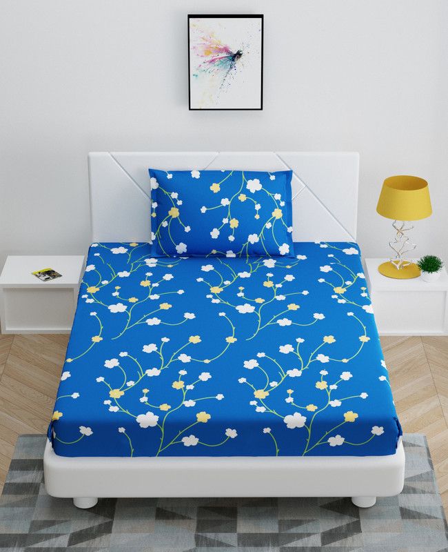 DECORAZIONE 180 TC Microfiber Single Floral Fitted (Elastic) Bedsheet  (Pack of 1, Blue, White)