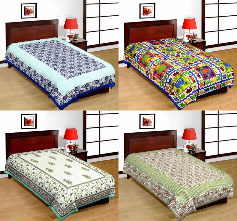 Bombay Spreads 120 TC Cotton Single Printed Flat Bedsheet  (Pack of 4, Multicolor)