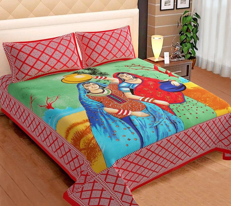 SAHOCR 240 TC Cotton Double Printed Flat Bedsheet  (Pack of 1, Red)