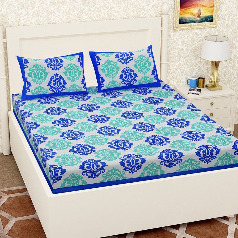 Moda Designs 120 TC Cotton Double Printed Flat Bedsheet  (Pack of 1, Blue)