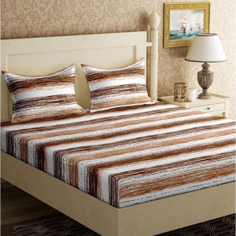 Jinaya's 250 TC Cotton Double Striped Flat Bedsheet  (Pack of 1, Brown)
