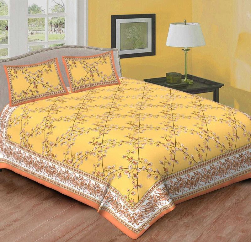 avtar 144 TC Cotton Queen, King Printed Flat Bedsheet  (Pack of 1, Yellow)