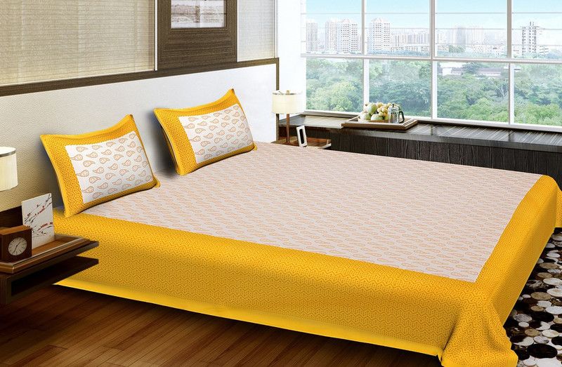 Anash Enterprises 144 TC Cotton Queen Printed Flat Bedsheet  (Pack of 1, Yellow)