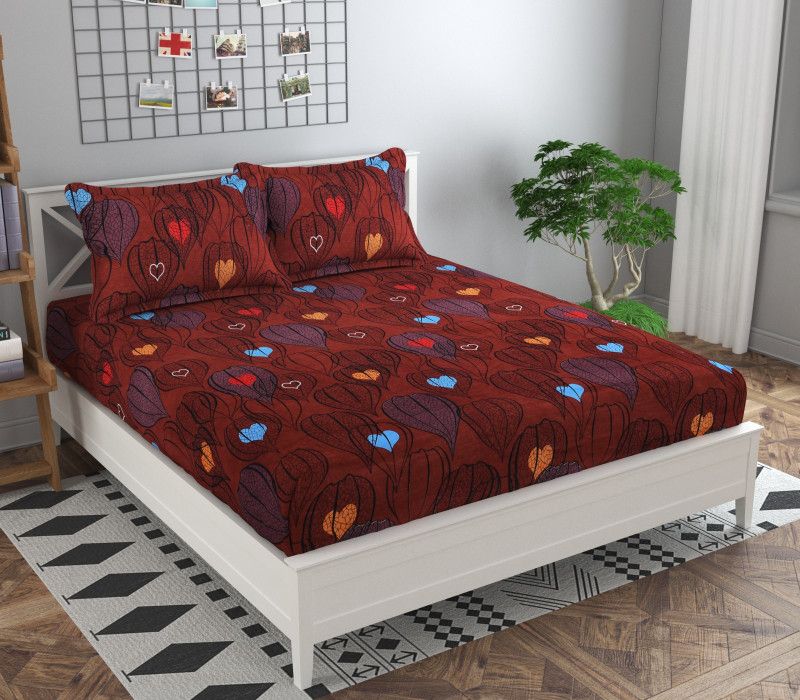 kavya ent 140 TC Polycotton Double Printed Fitted (Elastic) Bedsheet  (Pack of 1, Brown)