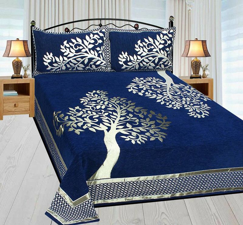 Skytex Velvet Double Self Design Flat Bedsheet  (Pack of 1, Royal Blue)