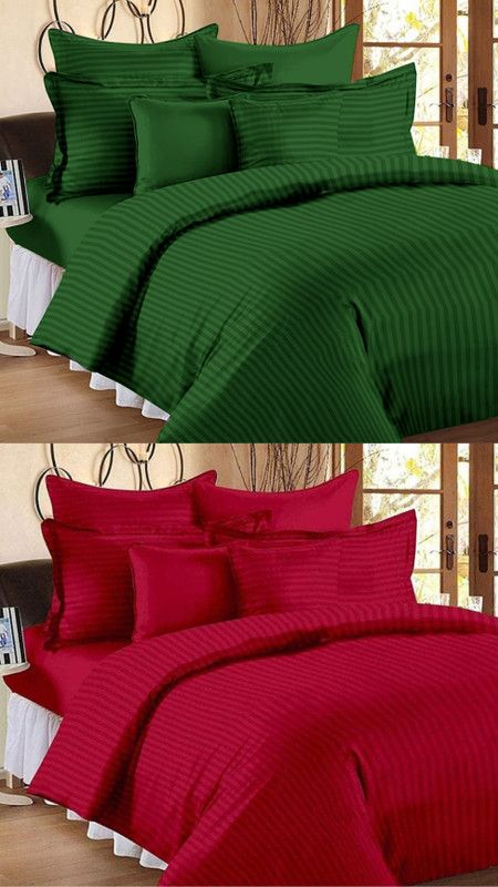 VORDVIGO 300 TC Cotton Double Striped Flat Bedsheet  (Pack of 2, Green & Red)