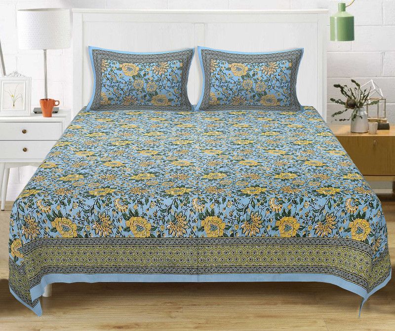 GRUSH 240 TC Cotton King Jaipuri Prints Flat Bedsheet  (Pack of 1, Rama Gold)