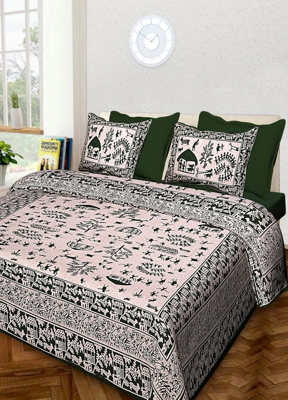 NEW4FAB 265 TC Cotton Double Printed Flat Bedsheet  (Pack of 1, Green)