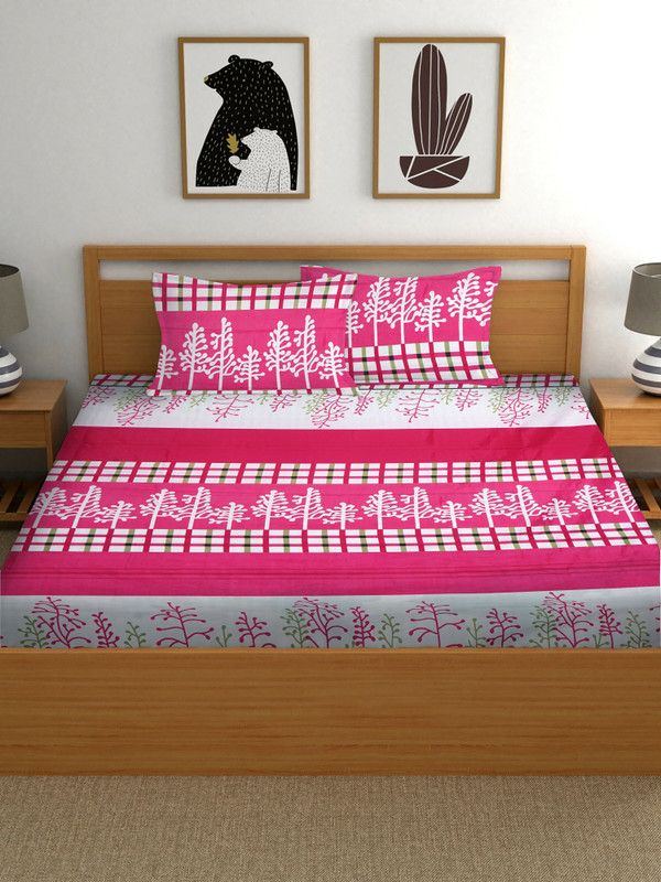 SAM GALAXY 160 TC Polycotton Double Abstract Flat Bedsheet  (Pack of 1, Pink Line Patti)