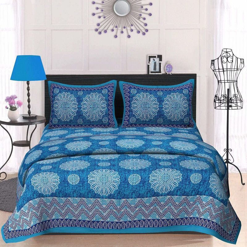 BHOOMI TEXTILES 180 TC Cotton King Printed Flat Bedsheet  (Pack of 1, Blue 03)