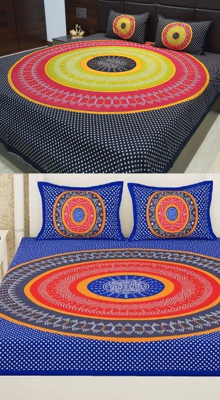 MOXIE 190 TC Cotton Double Jaipuri Prints Flat Bedsheet  (Pack of 2, Black, Blue)