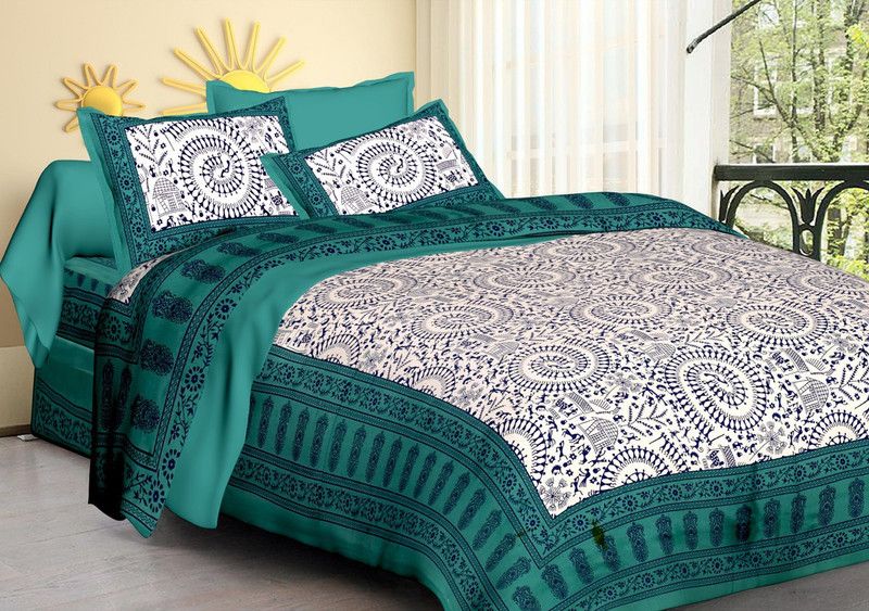EurekaA 220 TC Cotton King Printed Flat Bedsheet  (Pack of 1, Sea Green)