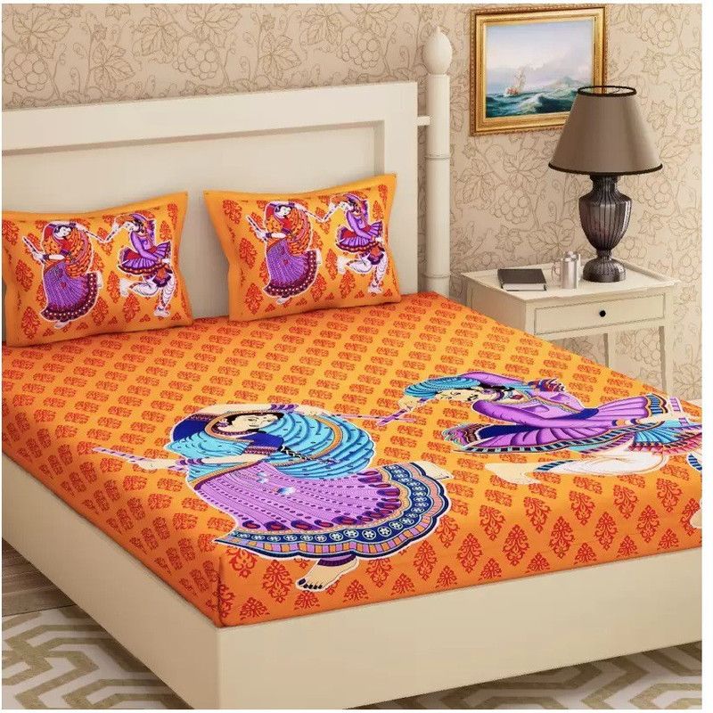Home Readiness 104 TC Cotton Double Cartoon Flat Bedsheet  (Pack of 1, Yellow)