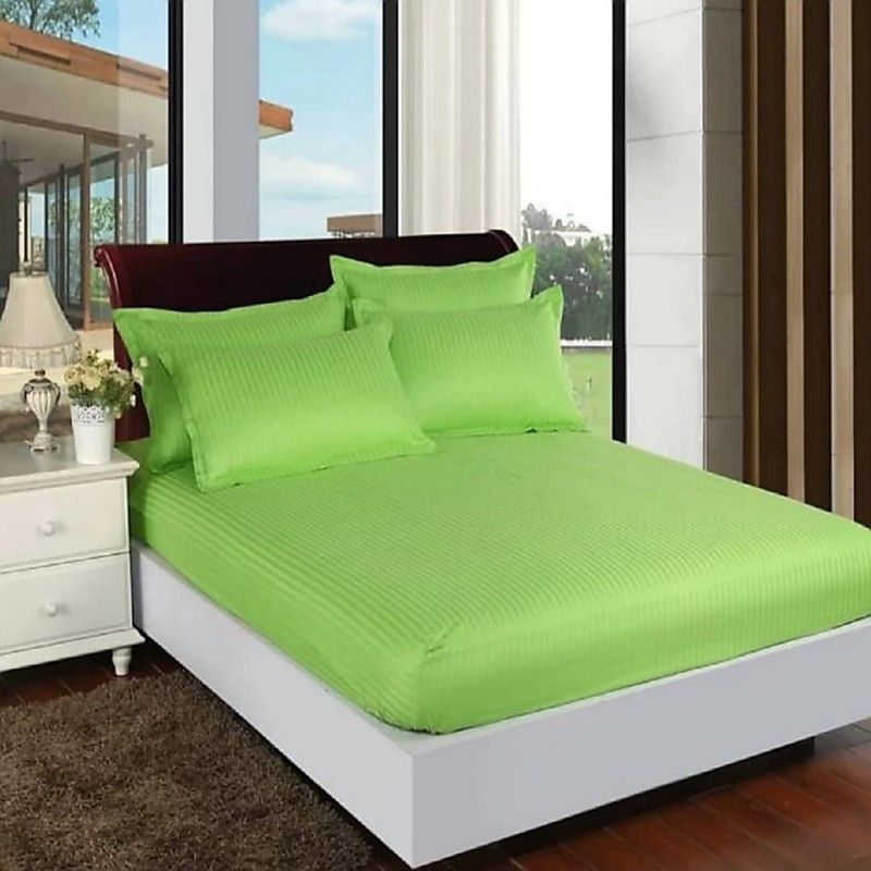 HOMIMPEX 350 TC Satin King Striped Flat Bedsheet  (Pack of 1, Dark Green)