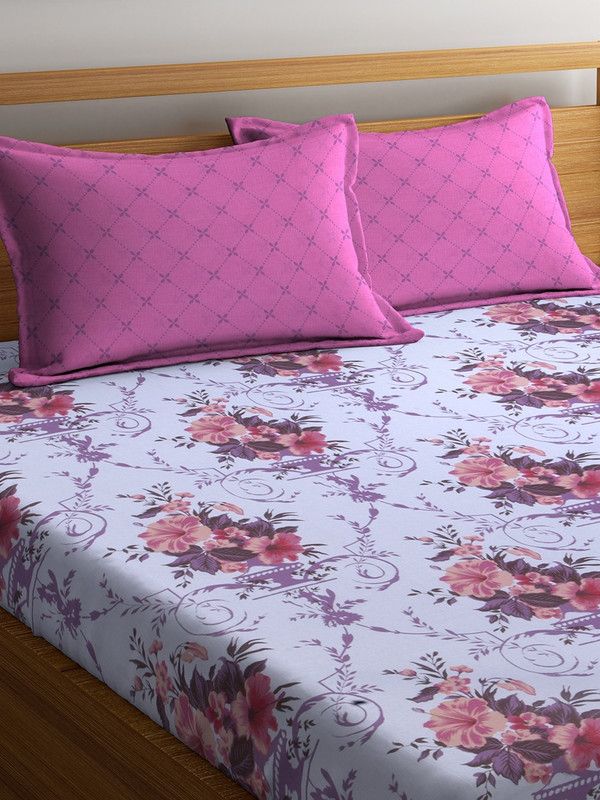 STELLAR HOME 104 TC Cotton Queen Floral Flat Bedsheet  (Pack of 1, Pink)