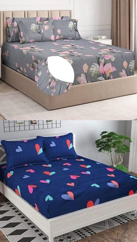 SHYAM 220 TC Cotton Double Printed Fitted (Elastic) Bedsheet  (Pack of 2, Grey, Blue)