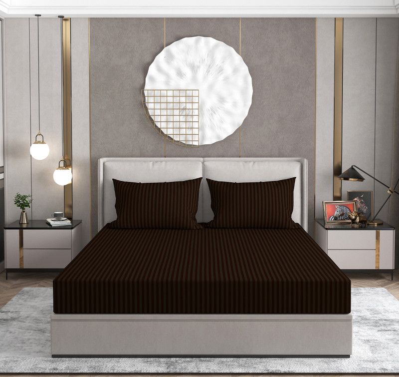 BEAUME 240 TC Polycotton Double Striped Flat Bedsheet  (Pack of 1, Brown)