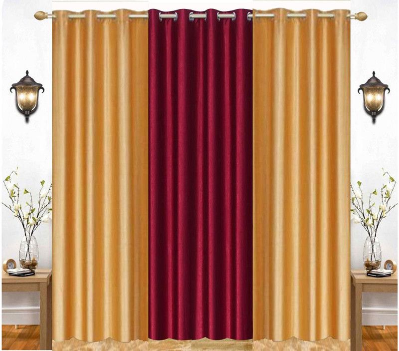 India Furnish 274 cm (9 ft) Polyester Semi Transparent Long Door Curtain (Pack Of 3)  (Plain, Maroon & Gold)