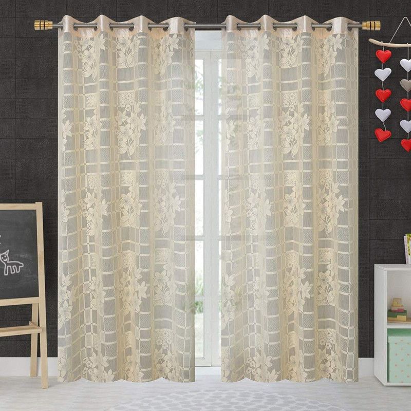 Galaxy Home Decor 274 cm (9 ft) Net Transparent Long Door Curtain (Pack Of 2)  (Floral, Cream)