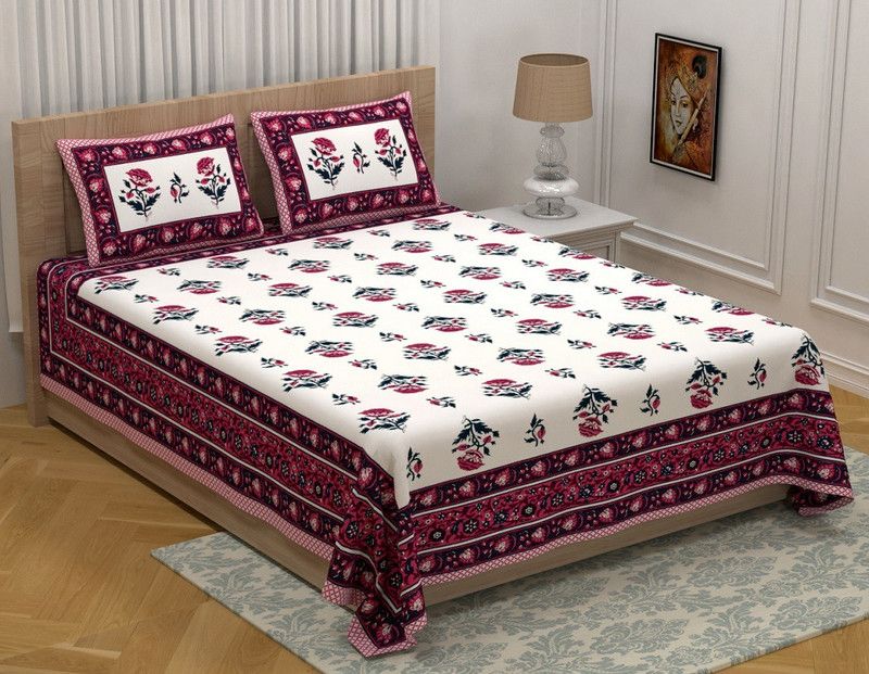 Jyana's 300 TC Cotton Double Floral Flat Bedsheet  (Pack of 1, Pink)