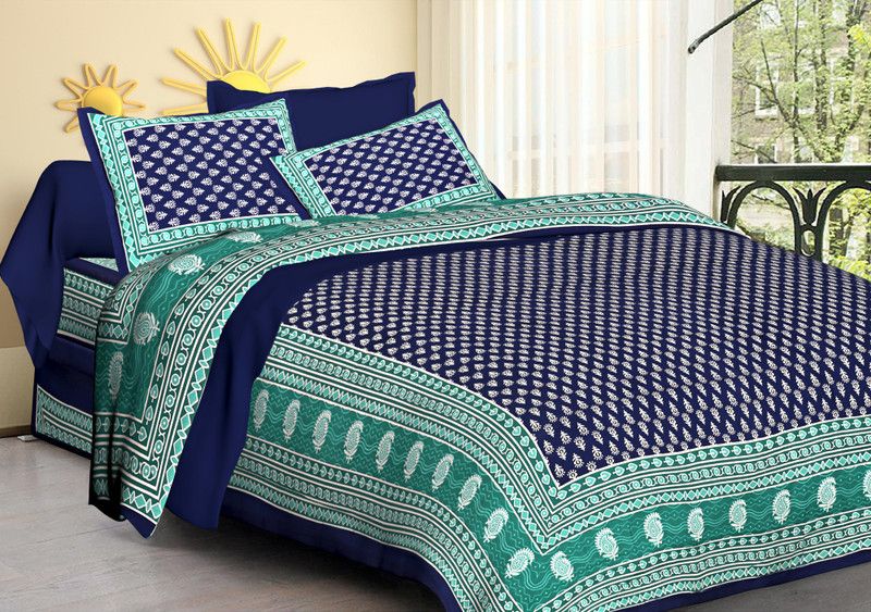 GUPTNATH 144 TC Cotton Double Jaipuri Prints Flat Bedsheet  (Pack of 1, Blue)