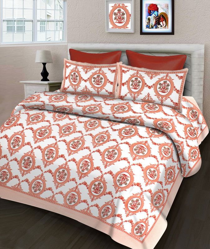 Lovely Home 120 TC Cotton King Printed Flat Bedsheet  (Pack of 1, Peach)