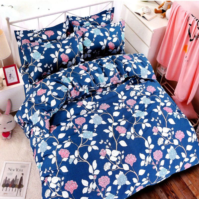 Skytex 120 TC Cotton Queen Printed Flat Bedsheet  (Pack of 1, Blue , White , Pink)