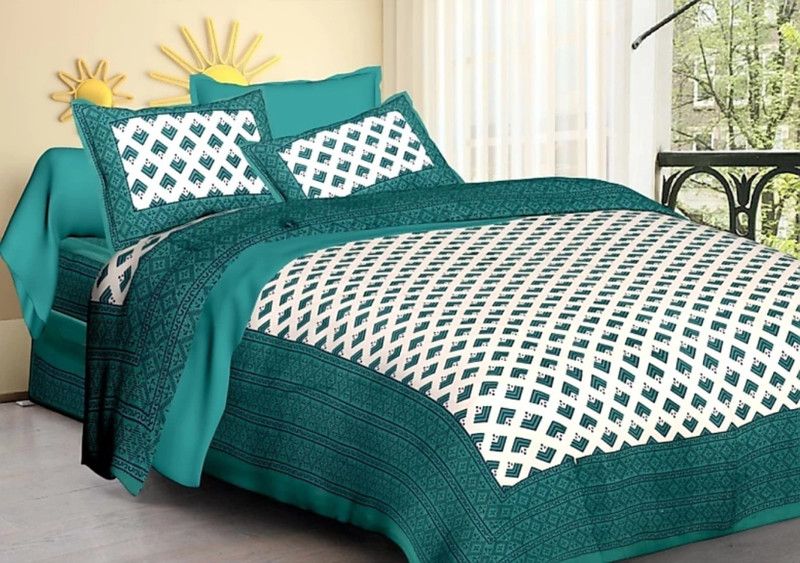 TIBRAPRINTS 144 TC Cotton Double Printed Flat Bedsheet  (Pack of 1, blue,white)