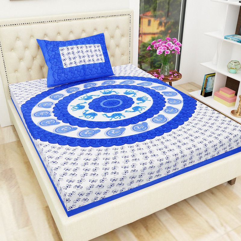 Monik Handicrafts 144 TC Cotton Single Jaipuri Prints Flat Bedsheet  (Pack of 1, Blue)