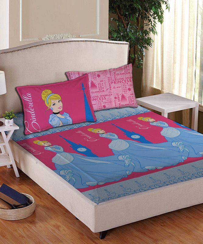 DISNEY 144 TC Cotton Double Cartoon Flat Bedsheet  (Pack of 1, Blue)