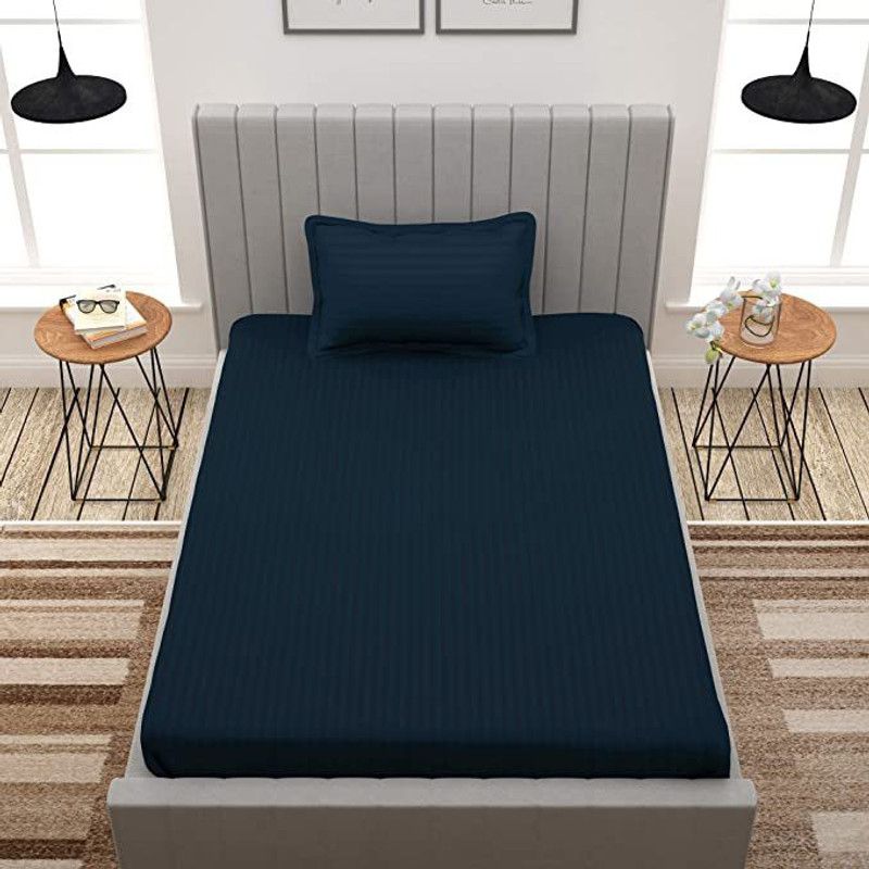 DIKSH 140 TC Polycotton Single Striped Fitted (Elastic) Bedsheet  (Pack of 1, stripe blue)